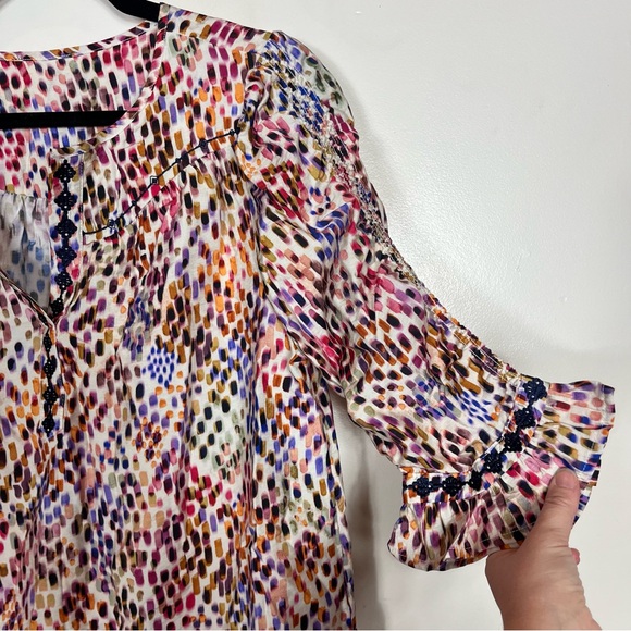 Democracy Embroidered Split Round Neck Flounce Sleeve Embroidered Woven Top Boho - Picture 3 of 5